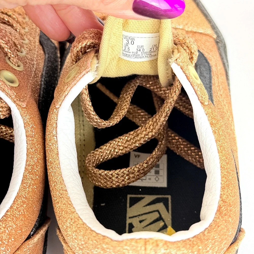 Vans Old Skool Gold Black Glitter Skate Shoes Kids Size 3.0 Low Top Sneakers